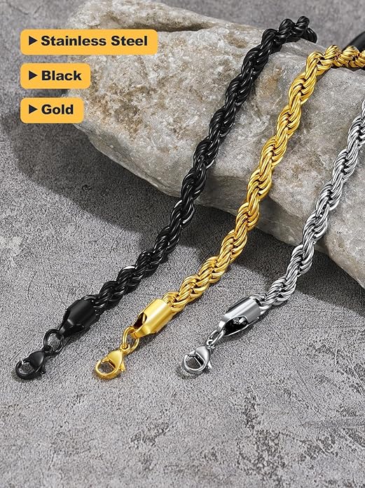 U7 Link Bracelets for Men, Cuban Link/Rope/Watch Band Solid Bracelet, Silver Black Gold Color Wrist Bracelet 3/6/9/12/15mm Width, 6.5/7.5/8.3 Inch Length, Hand Chain Jewelry for Mens Women