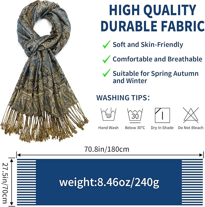 QIUTIMIY Paisley Pashmina Shawl Wrap Women Reversible Vintage Jacquard Pashmina Rave Scarf with Fringe for Evening, Wedding