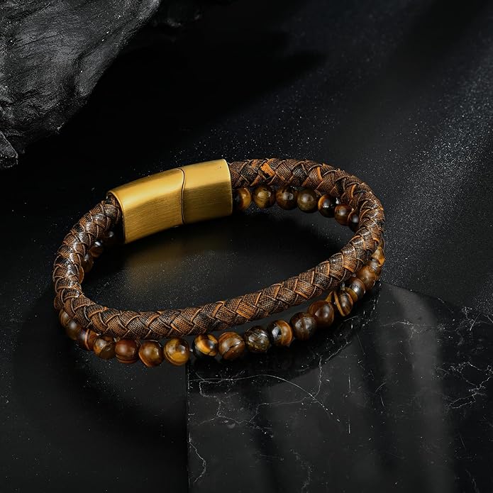 Mens Tiger Eye Matee Black Onyx Lava Rock Volcanic Stone Beaded Bracelet, Black Braided Leather Bracelet for Men