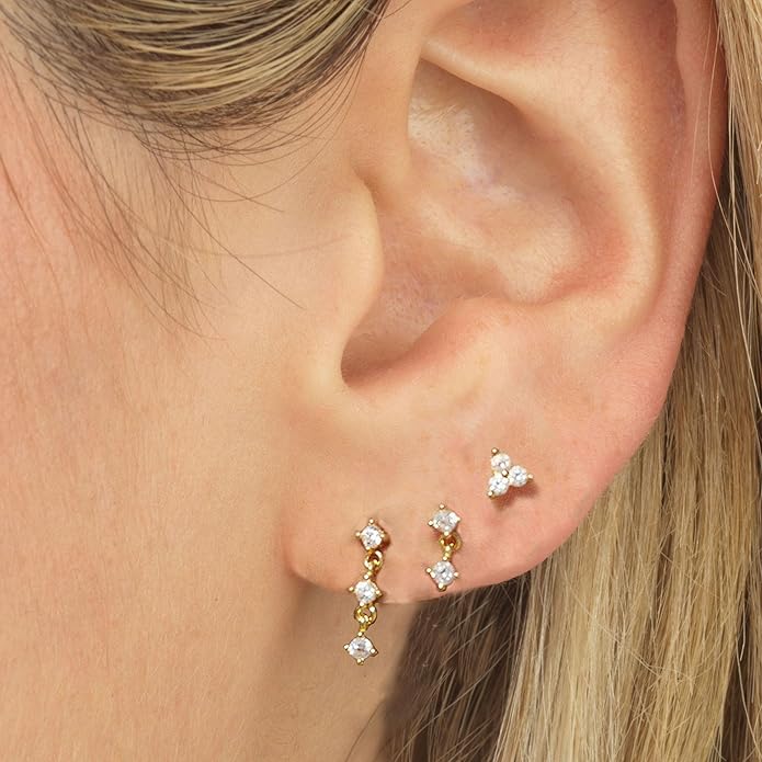 Gold Plated Earrings for Women, 14k Gold Plated Earring Stack Hypoallergenic Pearl Drop Earring Dainty Earrings for Women Trendy Cute Small Huggie Hoop Earring Fashion Womens Jewelry