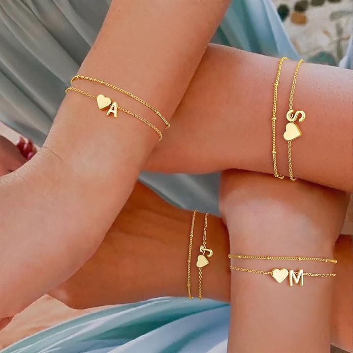 M MOOHAM Christmas Gifts for Grandkids Teens Girls -14K-Gold-Plated Heart Initial Bracelets for Women Girl Dainty Gold Bracelets Birthday Gift Stocking Stuffers for Women Teenage Girls Kids Gifts