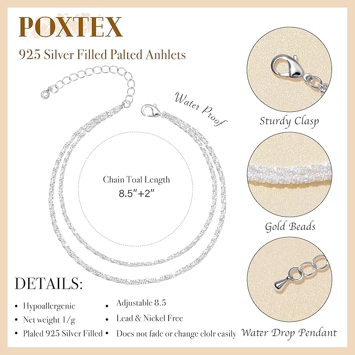 Sterling Silver Anklet Bracelets for Women Waterproof, 925 Sliver Plated CZ & Heart Charm Dainty Layer Anklets for Women Trendy, Simple Chain Anklets Set Gifts for Women, Jewelry Gifts for Her Women Mom Wife Girlfriend