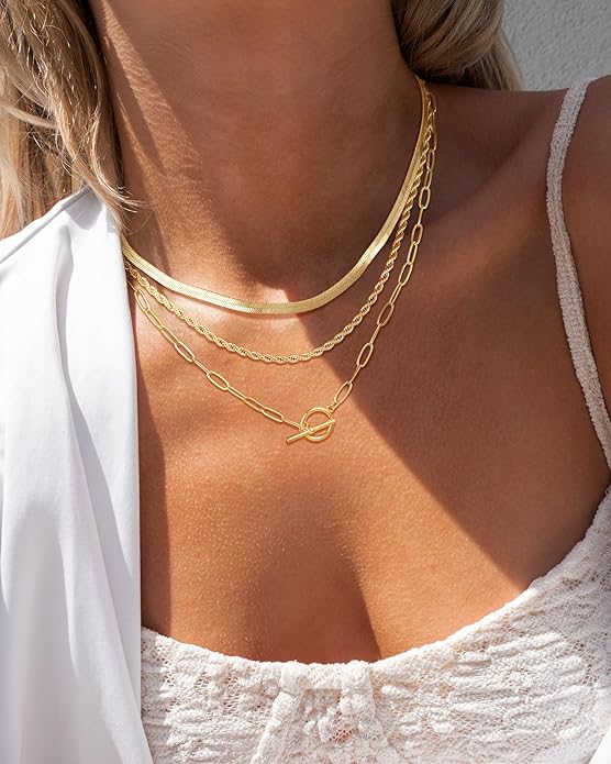 CHESKY 14K Gold Plated Layered Herringbone Necklaces for Women, Trendy Paperclip Snake Chain Necklace Cuban Link Simple Chunky Toggle Clasp Necklace Set Fashion Jewelry