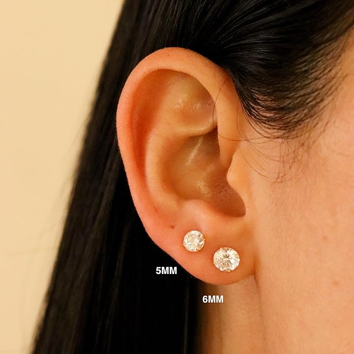 14k Gold Cubic Zirconia Stud Earrings for Women & Men (2mm-6mm Diameter) - CZ Simulated Diamond, Real Solid 14K Gold, Secure Screw Back