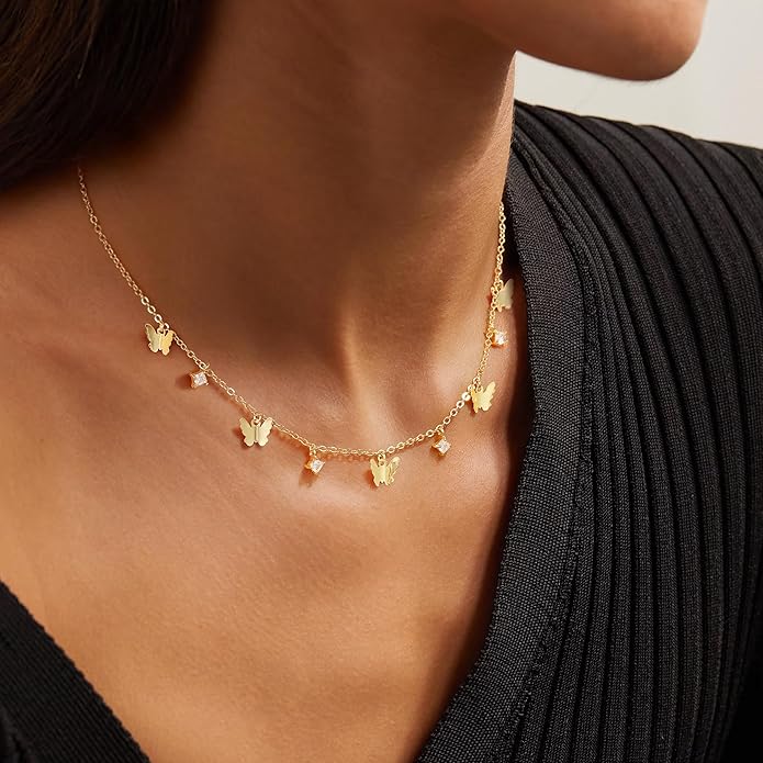 M MOOHAM Gold Clover Heart Pearl Butterfly Star flower Choker Necklace for Women - Dainty 14K Gold Plated Cubic Zirconia Cute Station Necklaces for Women Trendy Prom Jewelry Gifts