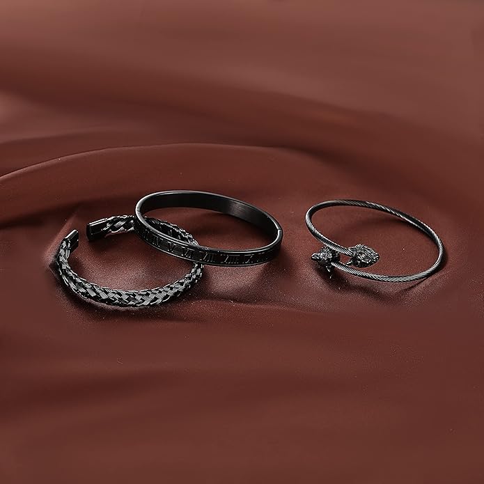 WFYOU 3PCS Stainless Steel Bracelets for Men Gold Roman Numeral Bangle Bracelet Twisted Cable Bracelet Adjustable Cuff Bracelet Mens Luxury Jewelry Bracelets Gifts