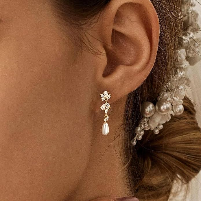 Gold Earrings for Women,Dainty 14k Gold Plated Pearl Drop Earring Dangle Pearl Dangling Earrings for Women Trendy Small Cute Wedding CZ Earring Long Chain Threader Prom Jewelry Gifts