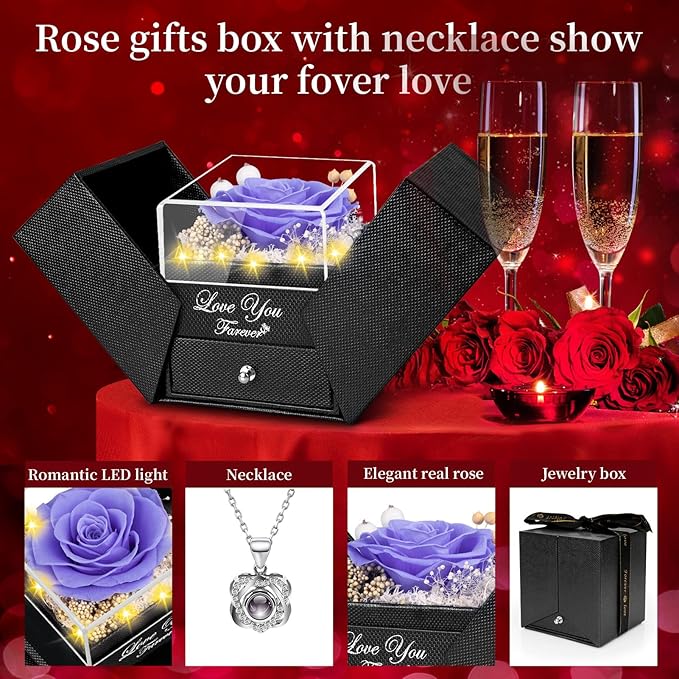 Preserved Violet Real Rose with Heart I Love You Necklace -Eternal Flowers Rose Birthday Gifts for Women Her Mom Wife Girlfriend Grandma on Valentines Mothers Day Christmas Anniversary Romantic-Violet