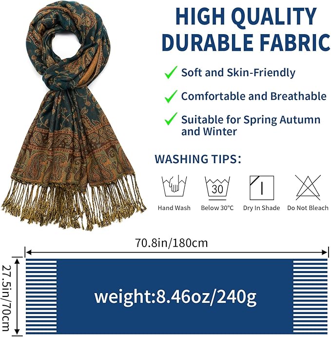 QIUTIMIY Paisley Pashmina Shawl Wrap Women Reversible Vintage Jacquard Pashmina Rave Scarf with Fringe for Evening, Wedding