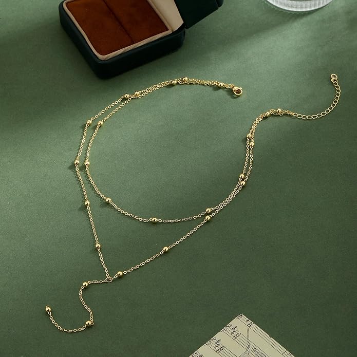 Lariat Gold Necklaces for Women Trendy Dainty Long Necklace 14k Gold Plated/Silver Layered Drop Beaded Chain Necklaces Y-shaped Pendant Necklace Simple Gold Jewelry Gifts