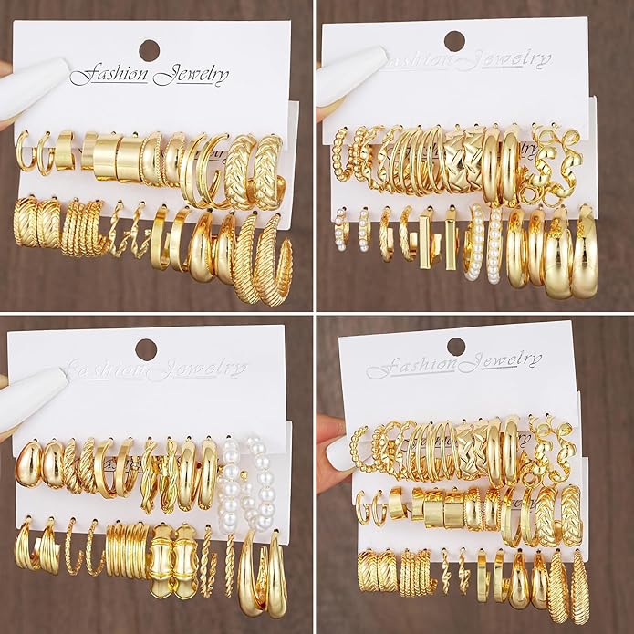 36 Pairs Gold Hoop Earrings Set for Women, Fashion Chunky Gold Hoop Earrings Multipack, Hypoallergenic Pearl Chain Twisted Statement Earring Pack for Birthday Party Jewelry