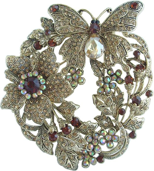 Art Style 3.54" Butterfly Flower Brooch Pin Pendant Rhinestone Crystal BZ4489