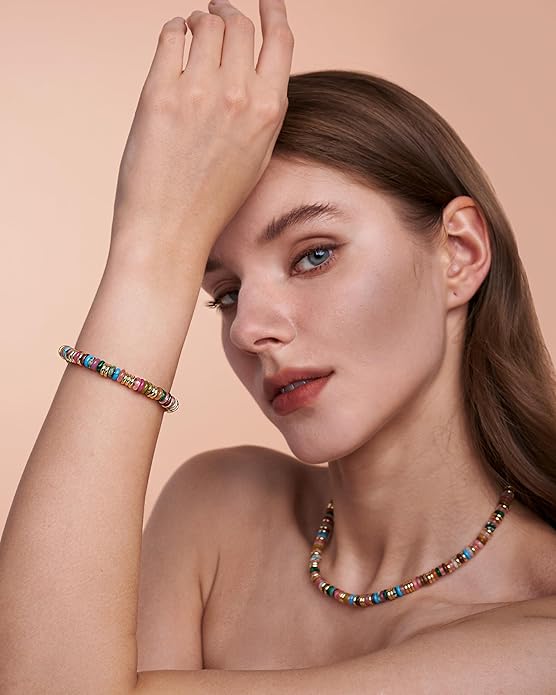 Colorful 18K Gold Plated Bracelets for Women, Stack Bangle Beaded Stone Jewelry Accessories Set for Woman, Trendy Fashion Jewelry Gifts