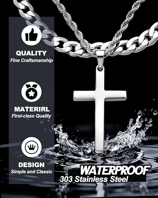 TEN MIRO Silver/Black Cross Necklace for Men Boy Stainless Steel Cross Pendant Necklace for Men Christian Religious Jewelry with Box & Card Birthday Anniversary Christmas Father's Day Gifts for Him