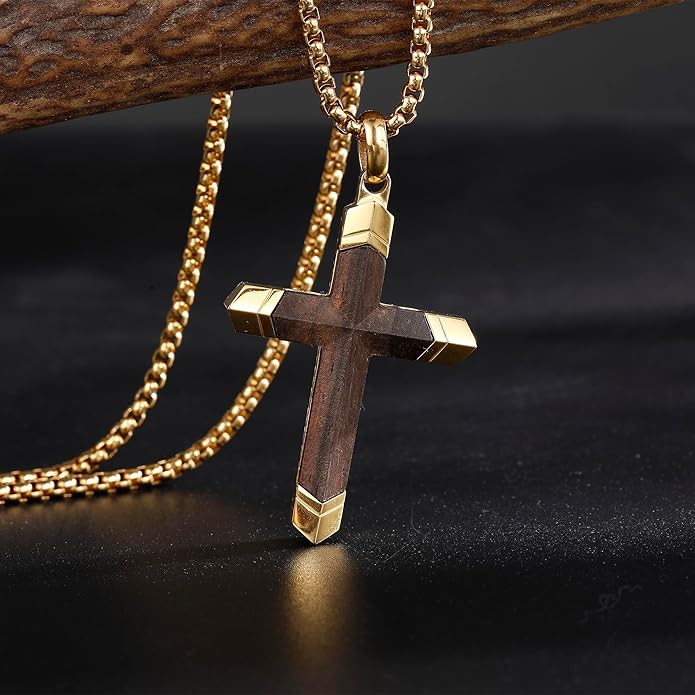 GTMJ Cross Necklace for Men -Stainless Steel & Wood Adjustable Box Chain 24-26in, Spiritual Jewelry Gift for Him, Everyday Wear