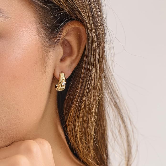 14K Gold & Rose Gold Hoop Earrings for Women, Chunky Huggie Half Hoops Earrings, Hypoallergenic Non Tarnish Cubic Zirconia Trendy Minimalist Everyday Jewelry Gift