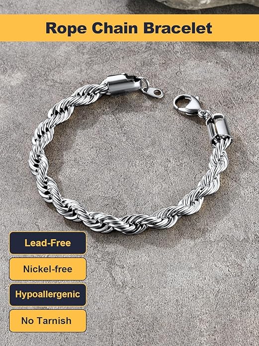 U7 Link Bracelets for Men, Cuban Link/Rope/Watch Band Solid Bracelet, Silver Black Gold Color Wrist Bracelet 3/6/9/12/15mm Width, 6.5/7.5/8.3 Inch Length, Hand Chain Jewelry for Mens Women