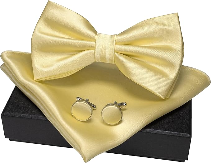 JEMYGINS Solid Color mens Pre-tied Bow Tie and Pocket Square Cufflinks Sets with Gift Box