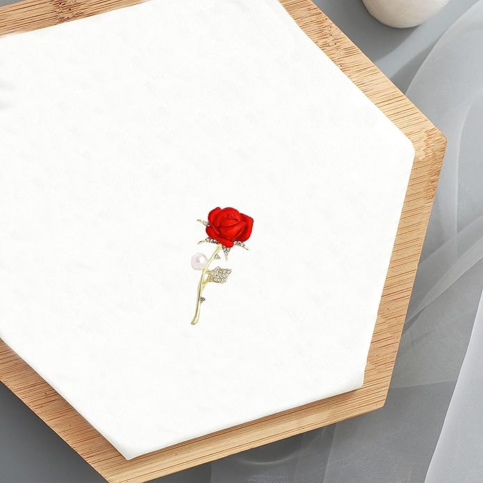 Just Follow Red Rose Flower Brooch with Rhinestones Sparkling Floral Pin for Women Vintage Blazer Jacket Dress Hat Scarf Accessory
