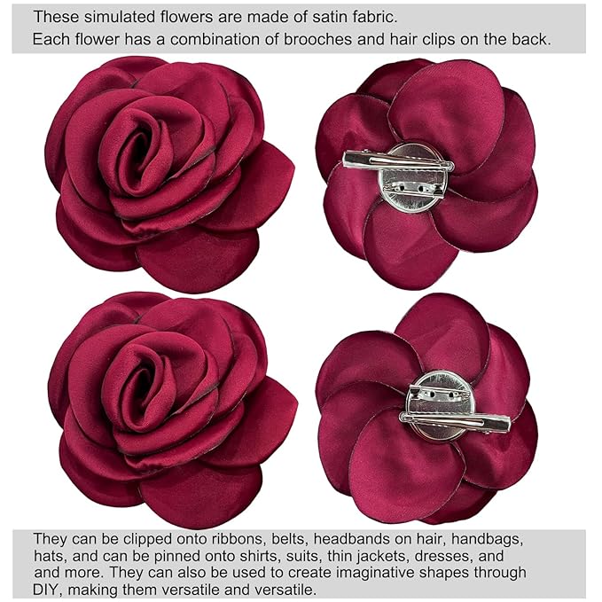 Sanrich Women's Brooches 4pcs Rose Flower Hair Clip Mexican Hair Flowers Clips Hairpin Brooch Tea Party Hats Headpieces (burgundy)