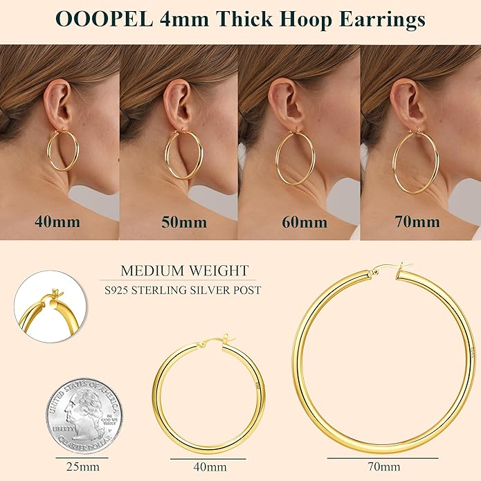 4mm Thick Gold Chunky Earrings Steling Silver Post Hoops Earrings For Women Hollow Tube Hoops Earrings Thick Gold Hoop Earrings Hypoallergenic Lightweight Gold Hoop Large Earrings 20/30/40/50/60MM