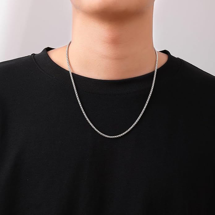 Fiusem Box Chain for Men, Silver Tone/14K Gold Plated/Black Stainless Steel Necklace for Men and Women, Width 2/2.5/3/4/5mm, Length 18-28 Inches