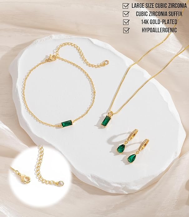 Birthstone 14K Gold Plated Bracelets Earrings Necklaces Jewelry Set， Blue Green May Cubic Zirconia，Friendship Bracelets Jewelry Gifts for Mom Best Friend Birthday