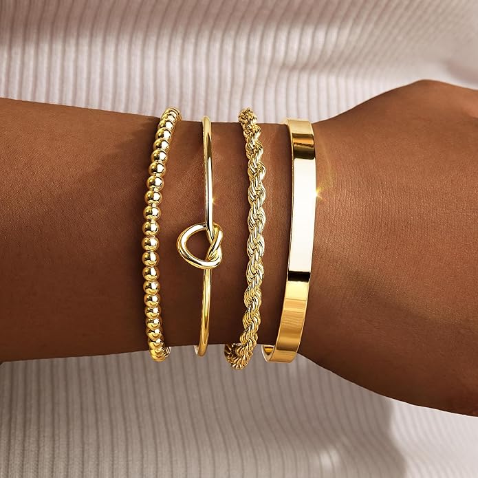 Silver Bracelets for Women Stack, Silver or Gold Plated Cuff Bangle Set, Trendy Silver Jewelry for Women Fashion