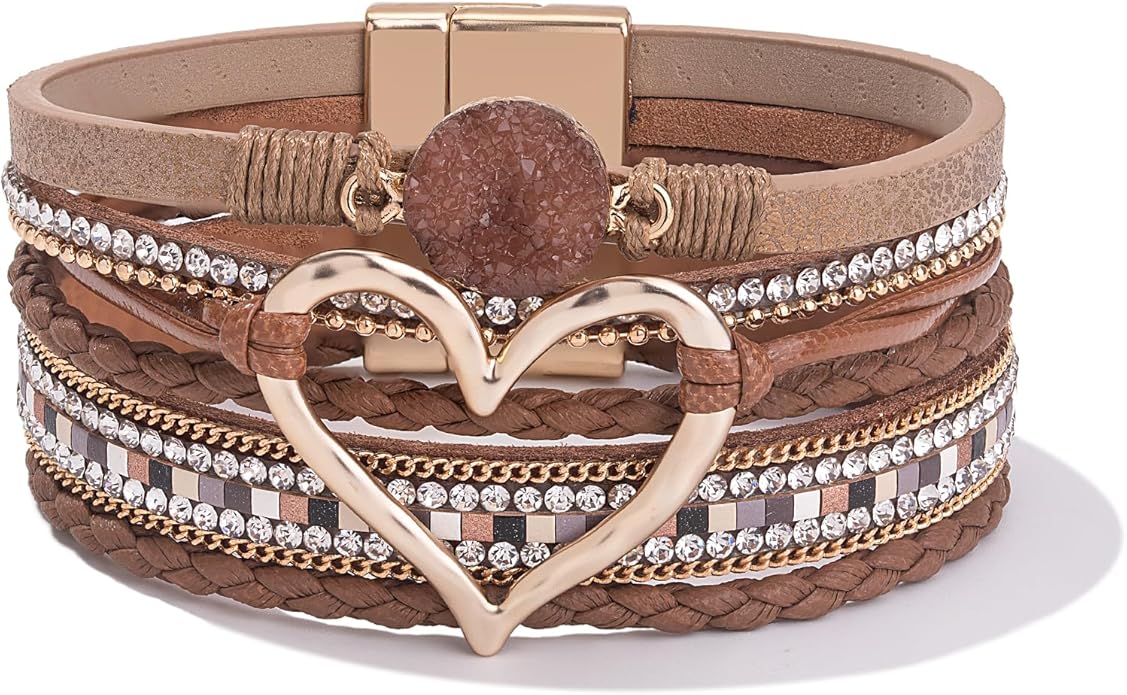 FANCY SHINY Heart Leather Wrap Bracelets Stackable Boho Cuff Bangles Trendy Resin Stone Rhinestone Bracelets with Magnetic Clasp for Women