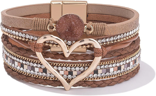 FANCY SHINY Heart Leather Wrap Bracelets Stackable Boho Cuff Bangles Trendy Resin Stone Rhinestone Bracelets with Magnetic Clasp for Women