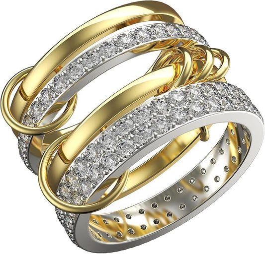 Stackable Rings For Women Non Tarnish,Two-Tone 18K Gold Silver Mixed Metals Interlocked Ring, Cubic Double-Layer Zirconia Interlocked Fashion Accessories Jewelry, Special Statement Ring Set Gifts For Women