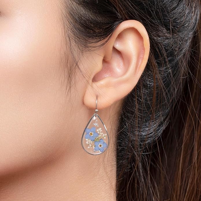 Forget-Me-Not and Queen Anne's Lace Pressed Wildflower Earrings | Pressed Flower Earrings | Handmade Drop and Dangle Earrings | Gift for Woman