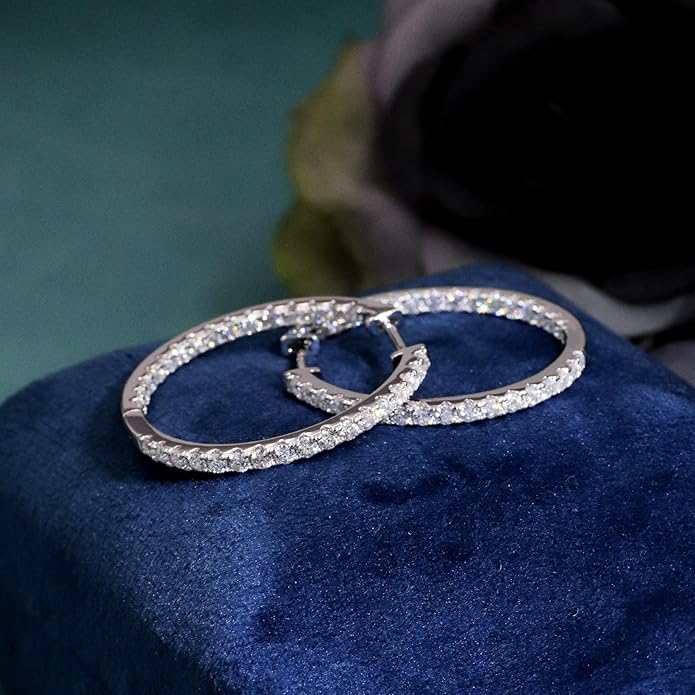 Moissanite Hoop Earrings for Women, S925 Sterling Silver, 18K White Gold Plated, D Color VVS1