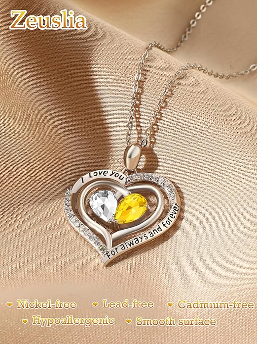 Zeuslia Double Birthstone Necklace Gifts for Wife - 925 Sterling Silver Sunflower/Rose/Crown Cross/Compass/Heart Pendant I Love You Necklace, Anniversary Birthday Gifts for Wife Girlfriend Mom Her