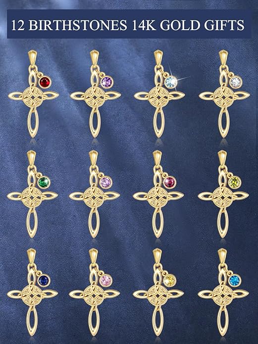 Witches Knot Necklace for Women, 14K Gold Celtic Knot Cross Jewelry with Triquetra Trinity with Birthstone Pendant, Birthday Witchy Spiritual Gifts for Her Wife Mom Grandma, 18+2 Inch Chain