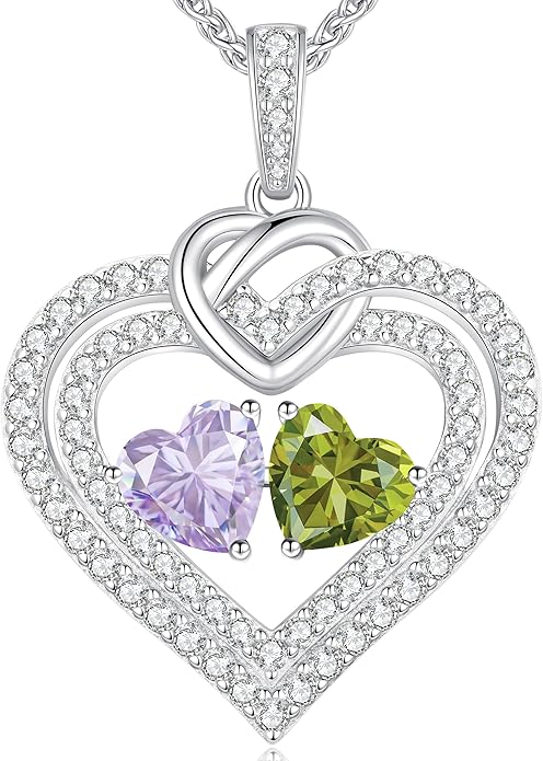 LOUISA SECRET Sparkling Double Heart Birthstone Necklaces for Women, 925 Sterling Silver Fine Jewelry, Pendant Heart Necklaces Birthday Anniversary Christmas Gift for Women Wife Mom Girlfriend Lady