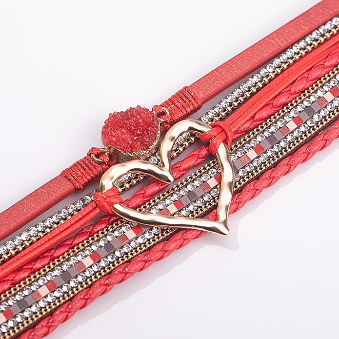 FANCY SHINY Heart Leather Wrap Bracelets Stackable Boho Cuff Bangles Trendy Resin Stone Rhinestone Bracelets with Magnetic Clasp for Women