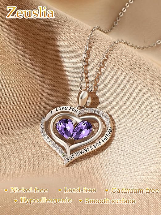 Zeuslia Double Birthstone Necklace Gifts for Wife - 925 Sterling Silver Sunflower/Rose/Crown Cross/Compass/Heart Pendant I Love You Necklace, Anniversary Birthday Gifts for Wife Girlfriend Mom Her