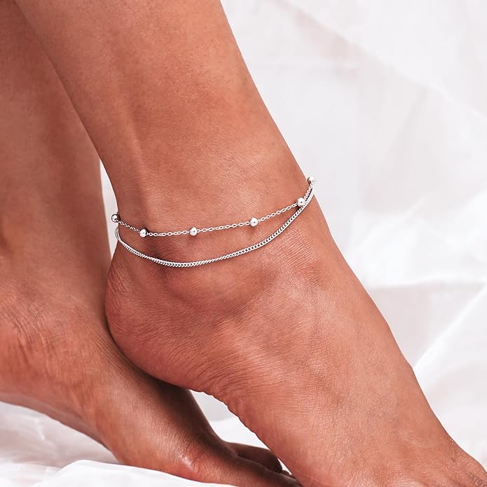 CHIC & ARTSY 925 Sterling Silver Ankle Bracelet Multilayer Anklets for Women Satellite, Star, Cross, Circle, Butterfly, Teardrop, Oval Disk Layered Anklet Beach Jewelry