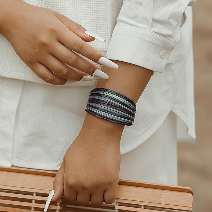 FANCY SHINY Boho Leather Wrap Bracelet Stackable Layered Bangle Cuff with Magnetic Clasp