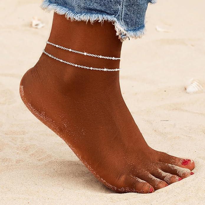 Sterling Silver Anklet Bracelets for Women Waterproof, 925 Sliver Plated CZ & Heart Charm Dainty Layer Anklets for Women Trendy, Simple Chain Anklets Set Gifts for Women, Jewelry Gifts for Her Women Mom Wife Girlfriend