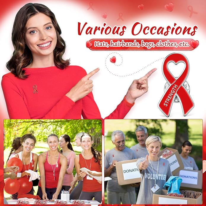 Tondiamo Red Ribbon Pins Bulk Heart Awareness Lapel Pins Heart Disease Brooches Hiv Aids Awareness Brooches for Doctors Charity Fundraising Red Ribbon Week Supplies