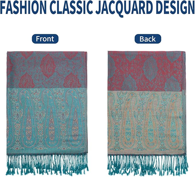 QIUTIMIY Paisley Pashmina Shawl Wrap Women Reversible Vintage Jacquard Pashmina Rave Scarf with Fringe for Evening, Wedding