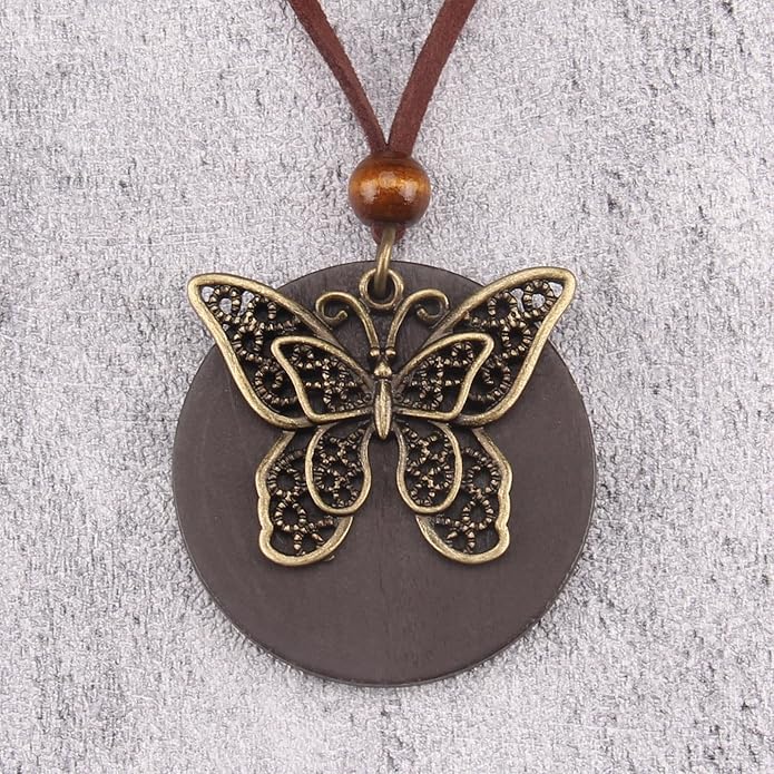 Long Boho Necklaces for Women Vintage Leather Wooden Pendant Y Choker Ethnic Style Gold Circle Hippie Sweater Necklace