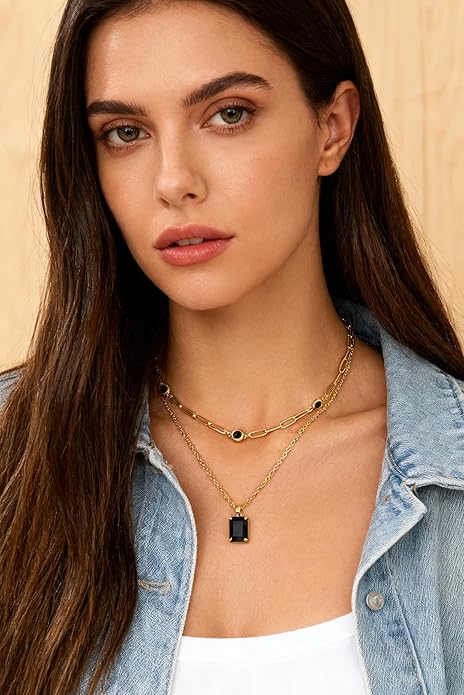 Gold Layered Pendant Necklaces for Women 14k Gold Plated Crystal Choker Necklace Paperclip Rhinestone Necklace Party Prom Jewelry