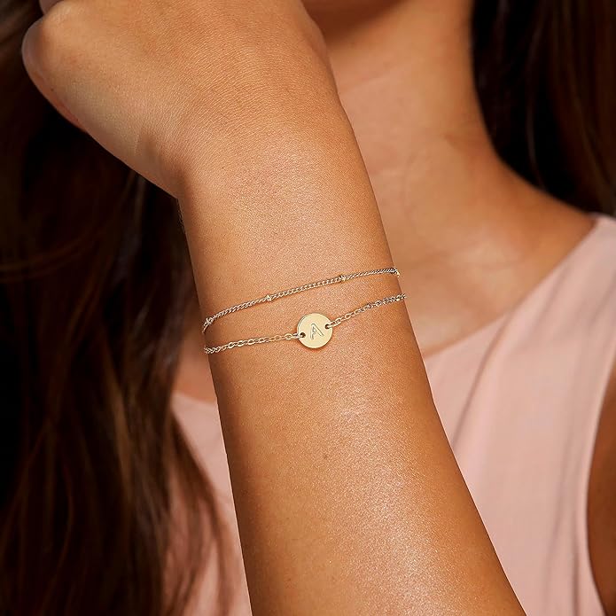 MONOZO Gold Bracelets for Women Jewelry Gifts - Dainty 18K Real Gold Plated Disc Monogram Letter A-Z Initial Bracelets for Women Trendy Personalized Letter Bracelet Jewelry Gifts for Her