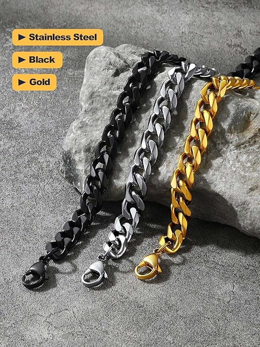 U7 Link Bracelets for Men, Cuban Link/Rope/Watch Band Solid Bracelet, Silver Black Gold Color Wrist Bracelet 3/6/9/12/15mm Width, 6.5/7.5/8.3 Inch Length, Hand Chain Jewelry for Mens Women