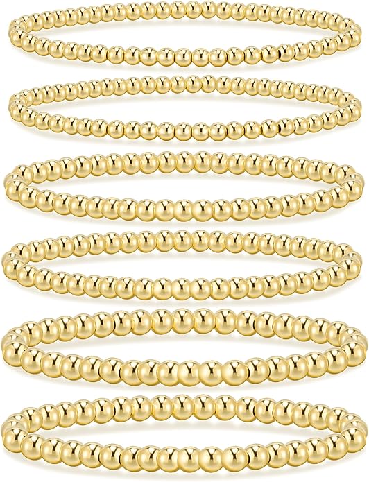adoyi Gold Bracelets for Women Waterproof, 14K Gold Plated Beaded Strand Bead Ball Bracelets stack Adjustable Jewelry Set for Gifts