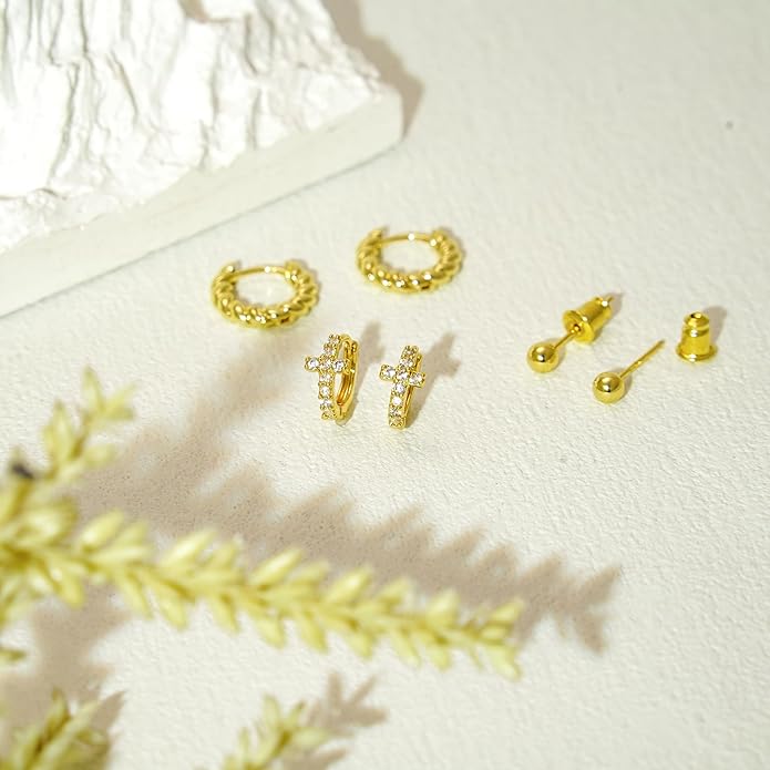 Gold Hoop Earrings Set for Women 14K Gold Silver Plated Huggie Earring Pack Multiple Piercing Dainty Cartilage Earring Hypoallergenic Trendy Cubic Zirconia CZ Earring Stack Jewelry Gifts