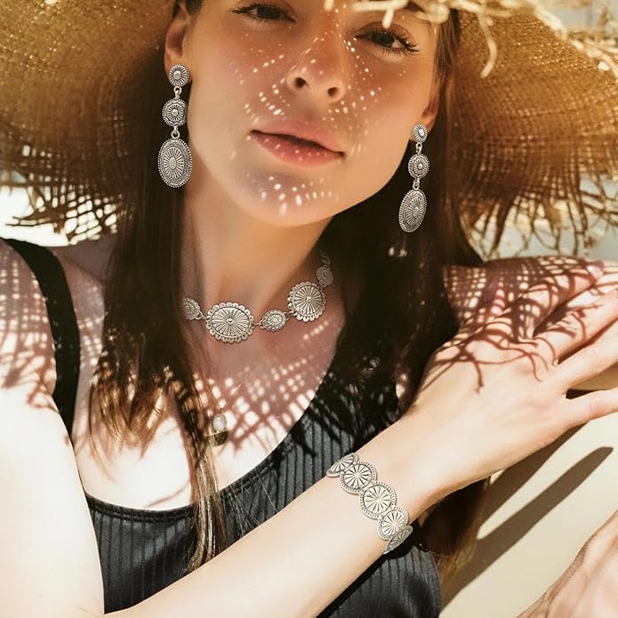 3 Pcs Western Concho Costume Jewelry Set for Women Western Dangle Earrings Boho Choker Necklace Bohemian Cuff Bracelet Cowboy Chic Country Concert Outfits for Women Christmas Jewelry Gift